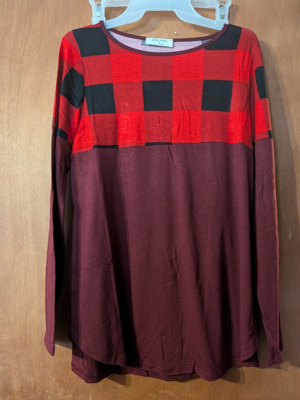 Women's Long-Sleeve Red & Maroon Check Pullover Shirt